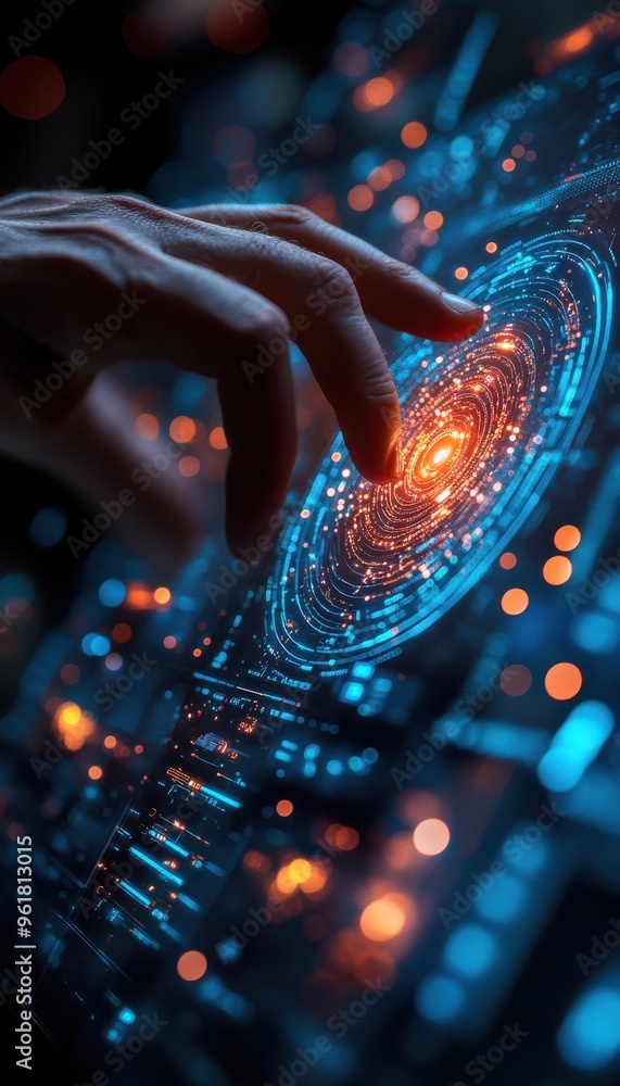 Poster futuristic interface with a hand touching holographic screen filled with digital data and glowing el