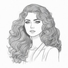Hand drawn portrait of beautiful young girl sketch with long wavy hair, fashion illustration, beauty concept, feminine artistic sketch for design, graphic pencil drawing for beautiful woman sketch