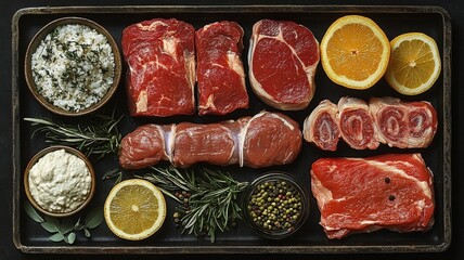 Flat-lay composition of various meats arranged on a butcher's block, including beef, pork, chicken, and lamb cuts, all neatly displayed with a few herbs for color
