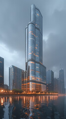 Naklejka premium Skyscraper with sleek reflective glass façade glowing softly in a foggy cityscape at dusk. 