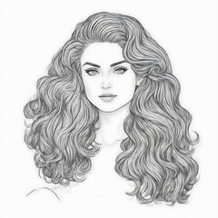 Hand drawn portrait of beautiful young girl sketch with long wavy hair, fashion illustration, beauty concept, feminine artistic sketch for design, graphic pencil drawing for beautiful woman sketch