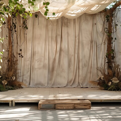rustic cream draped curtains wooden platform greenery natural boho ambiance serene event backdrop concept backdrop background banner empty copy space mock-up