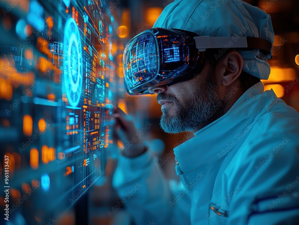 Poster scientist using virtual reality headset interacting with futuristic holographic interface in vibrant