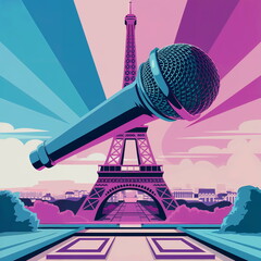 Microphone overlooking eiffel tower. Vibrant retro pop art. Music and travel concept. Perfect for concerts, festivals in paris. Design, print, card, poster with copy space.