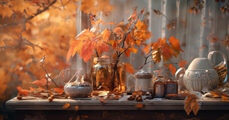 table with vase, teapot, and pitcher
