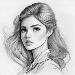 Hand drawn portrait of beautiful young girl sketch with long wavy hair, fashion illustration, beauty concept, feminine artistic sketch for design, graphic pencil drawing for beautiful woman sketch