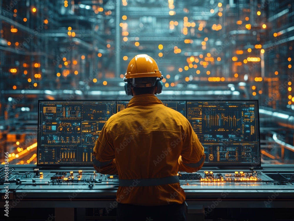 Poster engineer in control room monitoring industrial automation systems with multiple screens, ensuring op