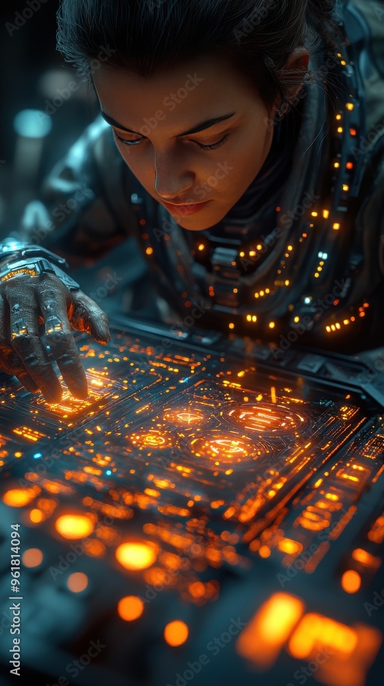 Poster futuristic engineer working on advanced technology touchscreen interface in a high-tech environment.
