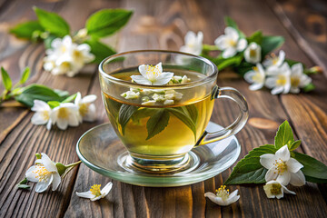 Jasmine Tea in a Glass Cup with Fresh Jasmine Flowers on a Rustic Wooden Table