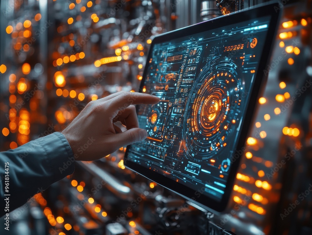 Poster close-up of a hand interacting with a futuristic digital interface on a touchscreen tablet in a high