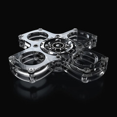 Transparent mechanical spinner with sleek metallic design and intricate industrial details.
