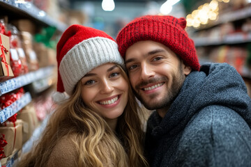 Naklejka premium Couple enjoying holiday shopping together in a festive store while wearing warm winter hats and smiling brightly