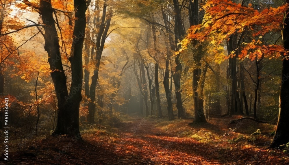 Poster path through forest with trees and leaves