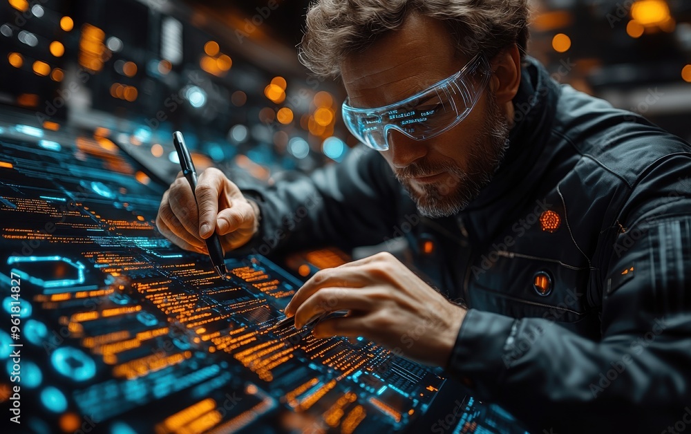 Aufkleber technician working on futuristic digital interface with advanced technology, wearing glasses for dat