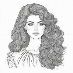 Hand drawn portrait of beautiful young girl sketch with long wavy hair, fashion illustration, beauty concept, feminine artistic sketch for design, graphic pencil drawing for beautiful woman sketch