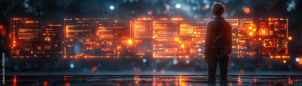 Aufkleber a futuristic scene with a person standing in front of a large, glowing digital interface. concept of