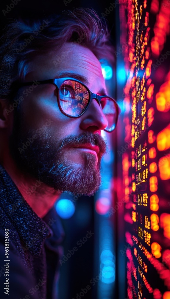 Poster man with glasses analyzing data on a digital screen, illuminated by colorful graphics and lights, de