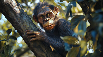 Australopithecus africanus climbing tree, realistic depiction of early hominid behavior
