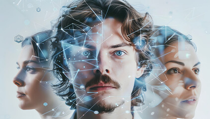  Three people with digital neural network connections visualizing artificial intelligence collaboration futuristic data processing concept human-machine interface and advanced technology