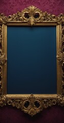 gold frame on purple wall with blue background
