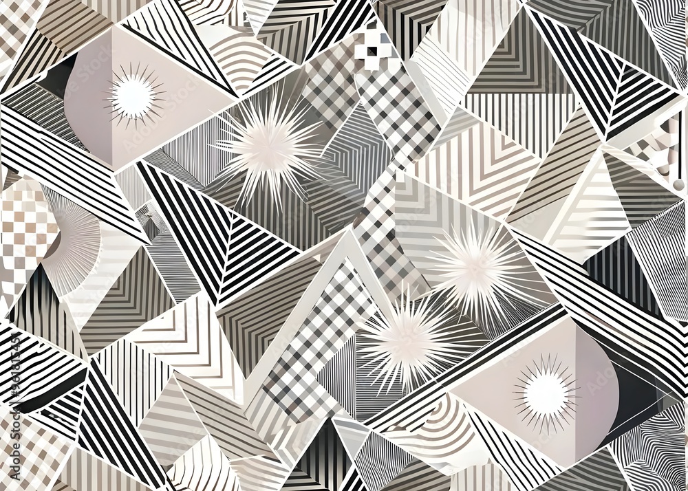 Poster dynamic abstract composition black white geometric shapes patterns lines textures