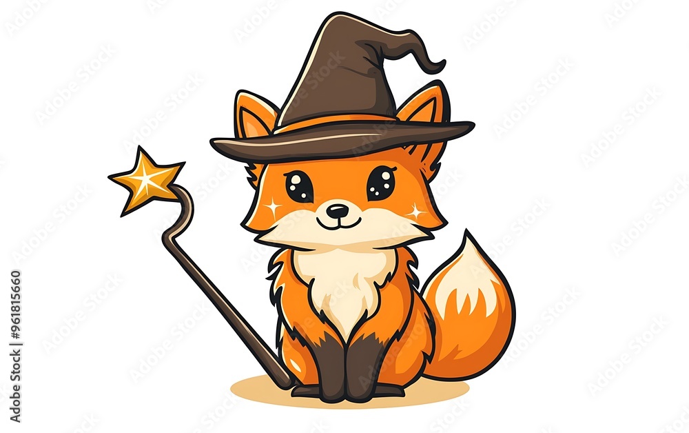 Poster enchanting wizard fox sticker design in procreate doodle style on white background - vector art with