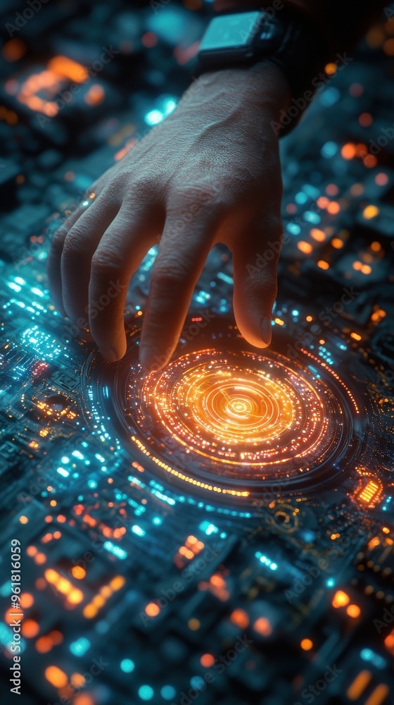 Poster hand interacting with a futuristic holographic interface on a high-tech digital surface, showcasing 