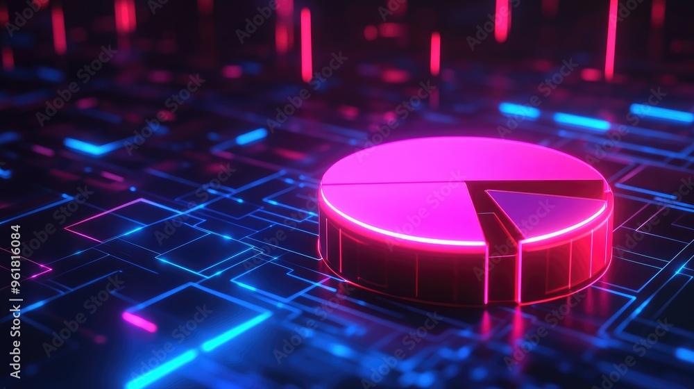 Poster futuristic 3d pie chart with glowing neon segments, hovering over a dark digital background. ideal f