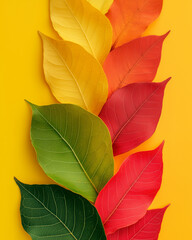 Obraz premium A colorful array of autumn leaves in red, orange, and green against an isolated yellow background, representing the changing seasons. Minimal autumn idea