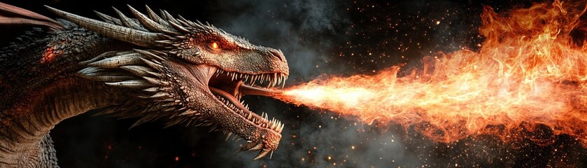 Fototapeta premium A fierce dragon unleashes a torrent of fire, showcasing its power and mythical presence in a dramatic and captivating scene.