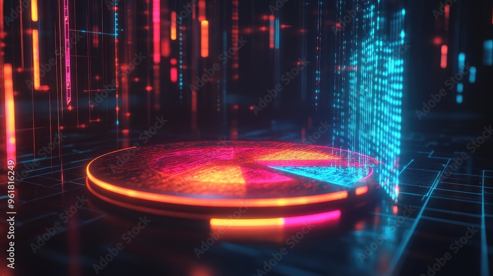 Poster futuristic 3d pie chart with glowing neon segments, hovering over a dark digital background. ideal f