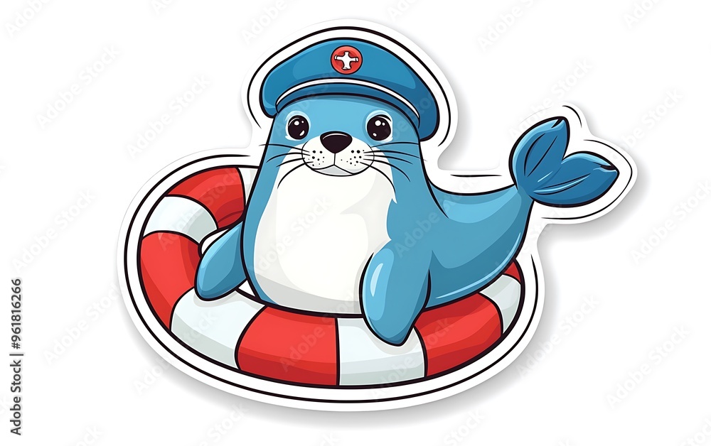 Poster cheerful sailor seal cartoon sticker design in procreate doodle style on white background | vector a