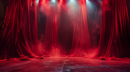 dramatic red velvet curtains eerie spotlight horror ambiance vampire devilish backdrop theatrical mock-up concept