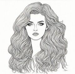 Hand drawn portrait of beautiful young girl sketch with long wavy hair, fashion illustration, beauty concept, feminine artistic sketch for design, graphic pencil drawing for beautiful woman sketch