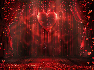 Vday romantic red heart glowing draped fabric curtains Valentines ambience dreamy love celebration backdrop concept empty copy space banner background festive charming romance wedding engagement bold 