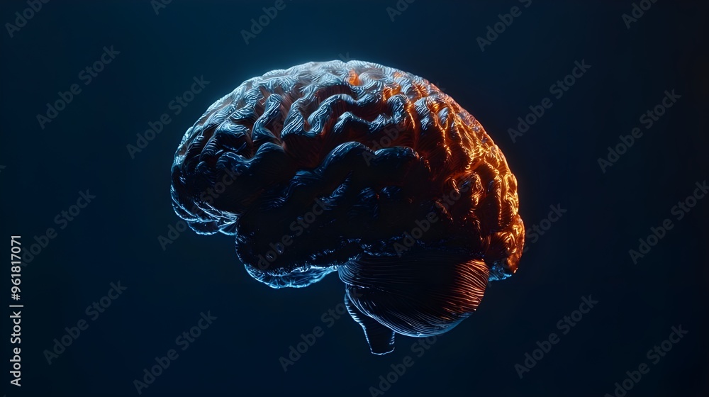 Poster a highly detailed and striking close-up image of a human brain, set against a dark background to hig