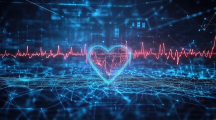 Futuristic heart rate wave with glowing blue lines and digital health indicators, representing modern medical technology and heart health monitoring.