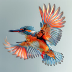 Fototapeta premium Colorful kingfisher mid-flight with vibrant wings spread wide. 