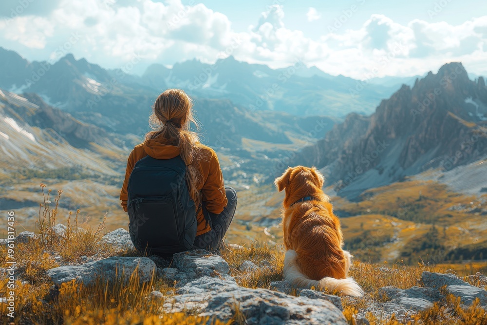 Wall mural woman and dog contemplating mountain view