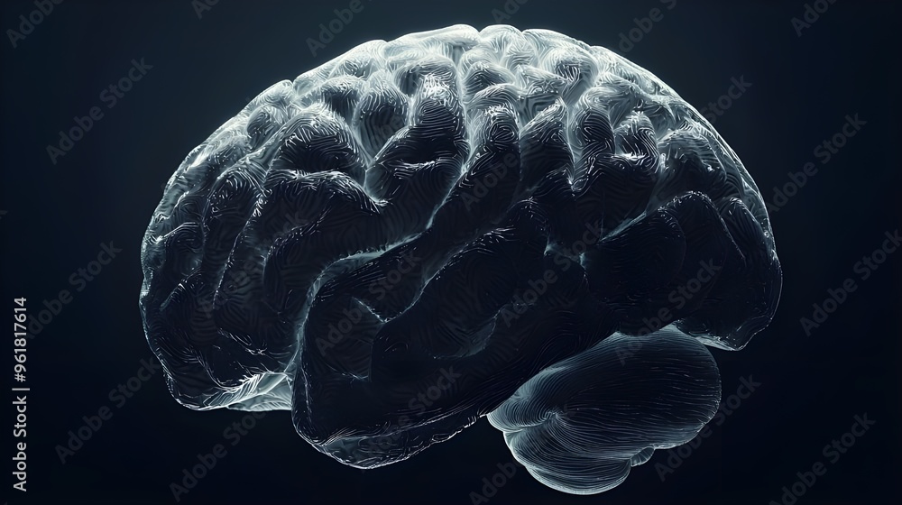 Poster a highly detailed and striking close-up image of a human brain, set against a dark background to hig
