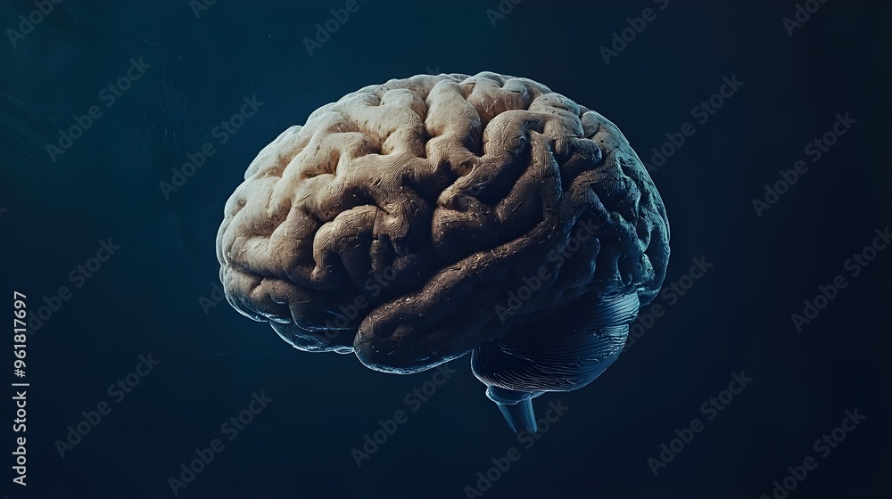 Poster a highly detailed and striking close-up image of a human brain, set against a dark background to hig