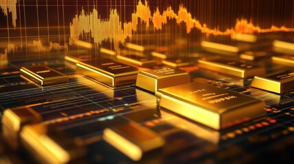 Gold bar and line chart, highlighting the increase in gold prices, set against a digital grid with key financial data and trends.