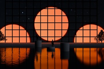 night atmosphere. the silhouette of a man standing in the middle of the water shadow leads to the orange tunnel hole. 3d illustration