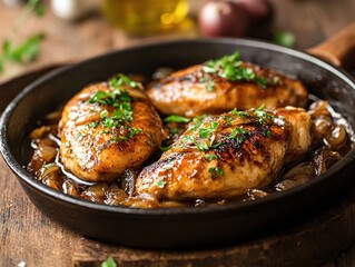 Fototapeta premium Savory Smothered Chicken with Caramelized Onions in a Cast-Iron Skillet, Served on a Rustic Wooden Table. Comfort Food and Home Cooking Experience.