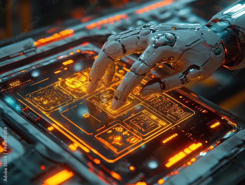 Poster robotic hand interacting with a futuristic touchscreen interface, showcasing advanced technology in 