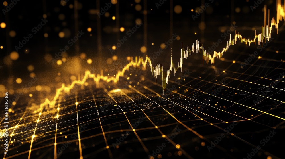 Poster golden line graph representing gold prices on a black digital grid background. sharp upward trends i