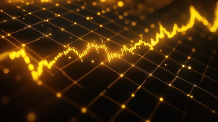Golden line graph representing gold prices on a black digital grid background. Sharp upward trends indicate positive market movement.