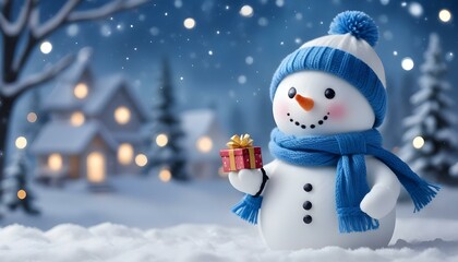 Fototapeta premium A cute snowman wearing a blue scarf and hat, is holding a small gift box in a snowy winter landscape with blurred Christmas lights in the background.