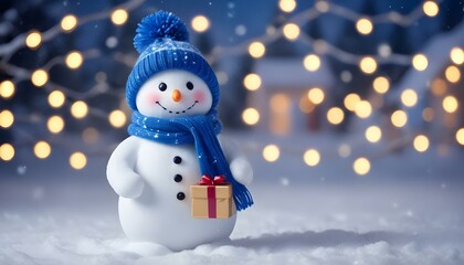 A cute snowman wearing a blue scarf and hat, is holding a small gift box in a snowy winter landscape with blurred Christmas lights in the background.