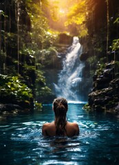 Fototapeta premium woman in pool with waterfall the background